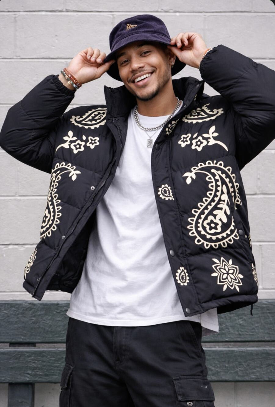 Profound Paisley Print Puffer Coat Black Cream Mens M Streetwear Statement